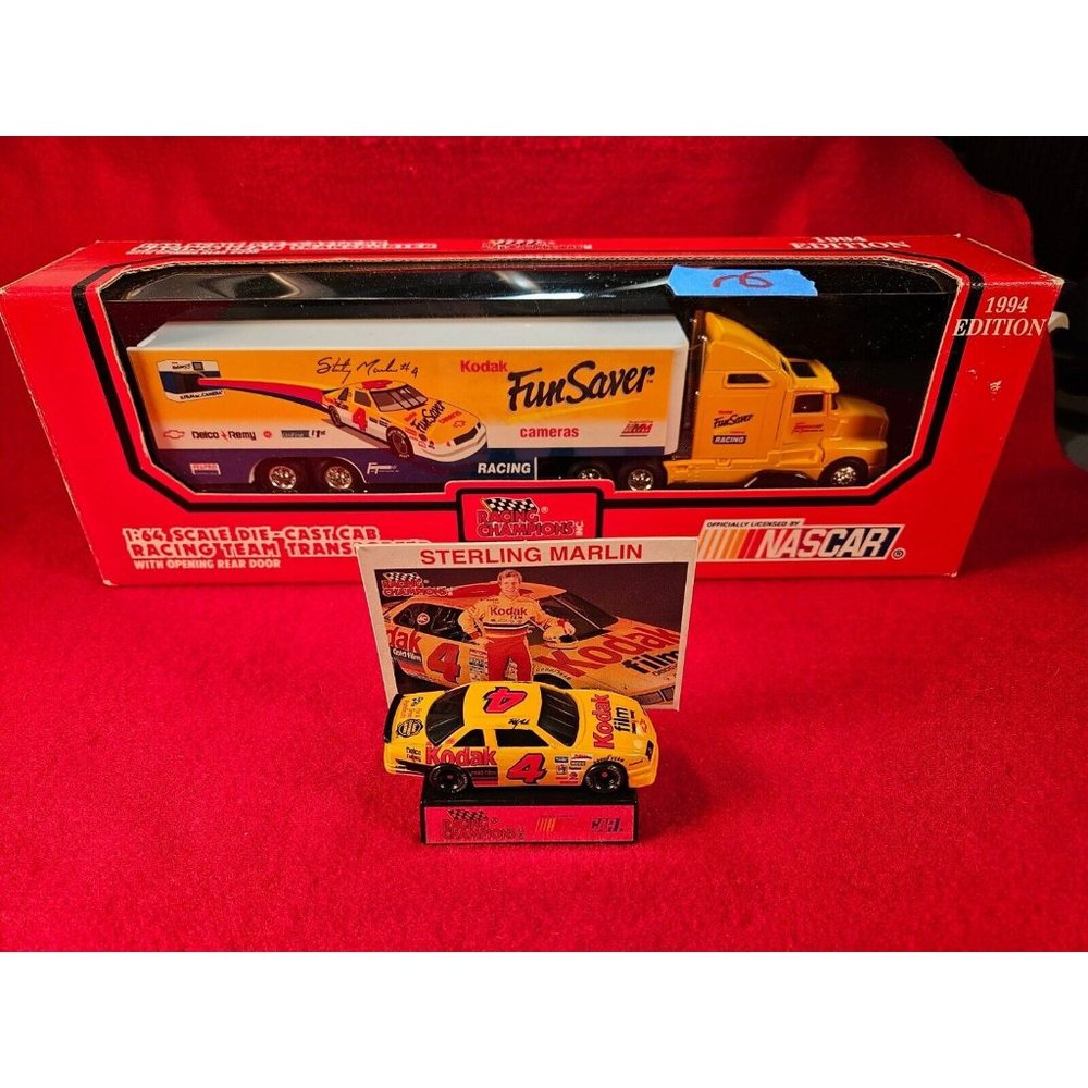 STERLING MARLIN NASCAR TRANSPORTER BUNDLE w/MATCHING STOCKCAR & PLAYER CARD
